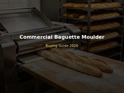 Commercial baguette moulder machine shaping French bread dough in modern artisan bakery, fresh baguettes on cooling rack