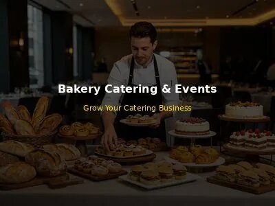 Bakery owner setting up catering display for corporate event with artisan breads and pastries