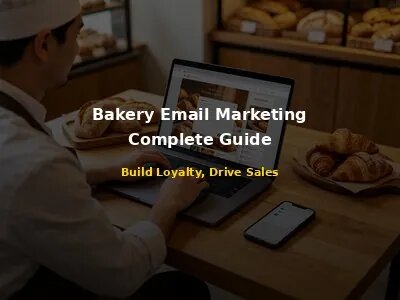 Bakery owner working on email newsletter at bakery office desk with laptop