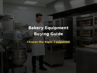 bakery operator examining equipment specifications in a modern professional bakery kitchen with stainless steel mixer, dough portioning machine, sheeter, and rotary rack oven