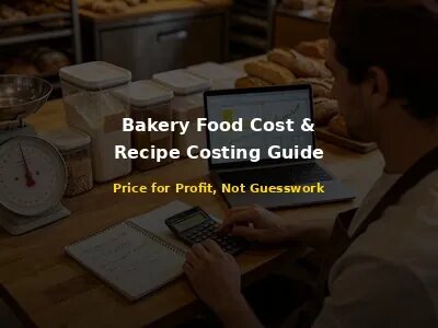 Bakery owner calculating recipe costs with calculator and laptop in a modern bakery office with ingredient containers and financial charts