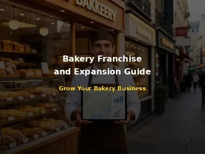 Bakery owner holding tablet showing franchise expansion map in front of modern bakery storefront with glass display case and fresh bread