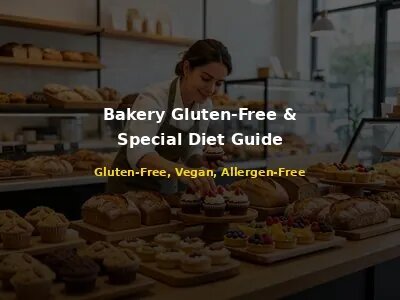 Bakery owner arranging gluten-free and vegan pastry display with almond flour muffins, gluten-free bread, and vegan cupcakes