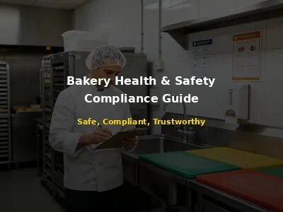 Bakery owner in white chef coat and hairnet checking food safety with clipboard in clean modern commercial bakery kitchen with color-coded cutting boards and hand washing station