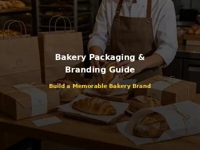 Bakery owner arranging beautifully packaged artisan bread and pastries with custom branded paper bags and bakery boxes on a wooden table