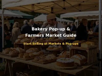 Bakery owner setting up a pop-up bakery stall at an outdoor farmers market with fresh bread and pastries displayed on wooden stands