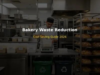 Modern commercial bakery kitchen with chef measuring ingredients precisely, digital scale, labeled containers, compost and recycling bins, fresh bread on cooling racks
