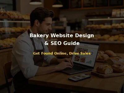 Bakery owner working on website design and SEO on laptop with smartphone showing mobile website and fresh bread on wooden table in modern bakery