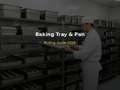 Various commercial baking trays and pans neatly arranged in modern bakery storage with chef selecting a tray
