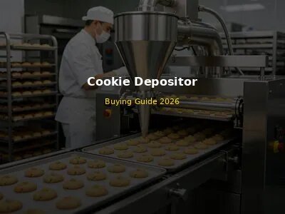 Commercial cookie depositor machine in modern bakery kitchen with chef operating and cookies on conveyor