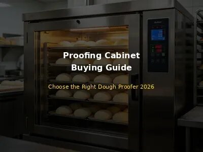 Commercial proofing cabinet with glass door showing trays of bread dough rising inside, digital control panel, modern bakery kitchen