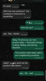 WhatsApp screenshot: New Zealand supplier expanding showroom asking about new HNH machine